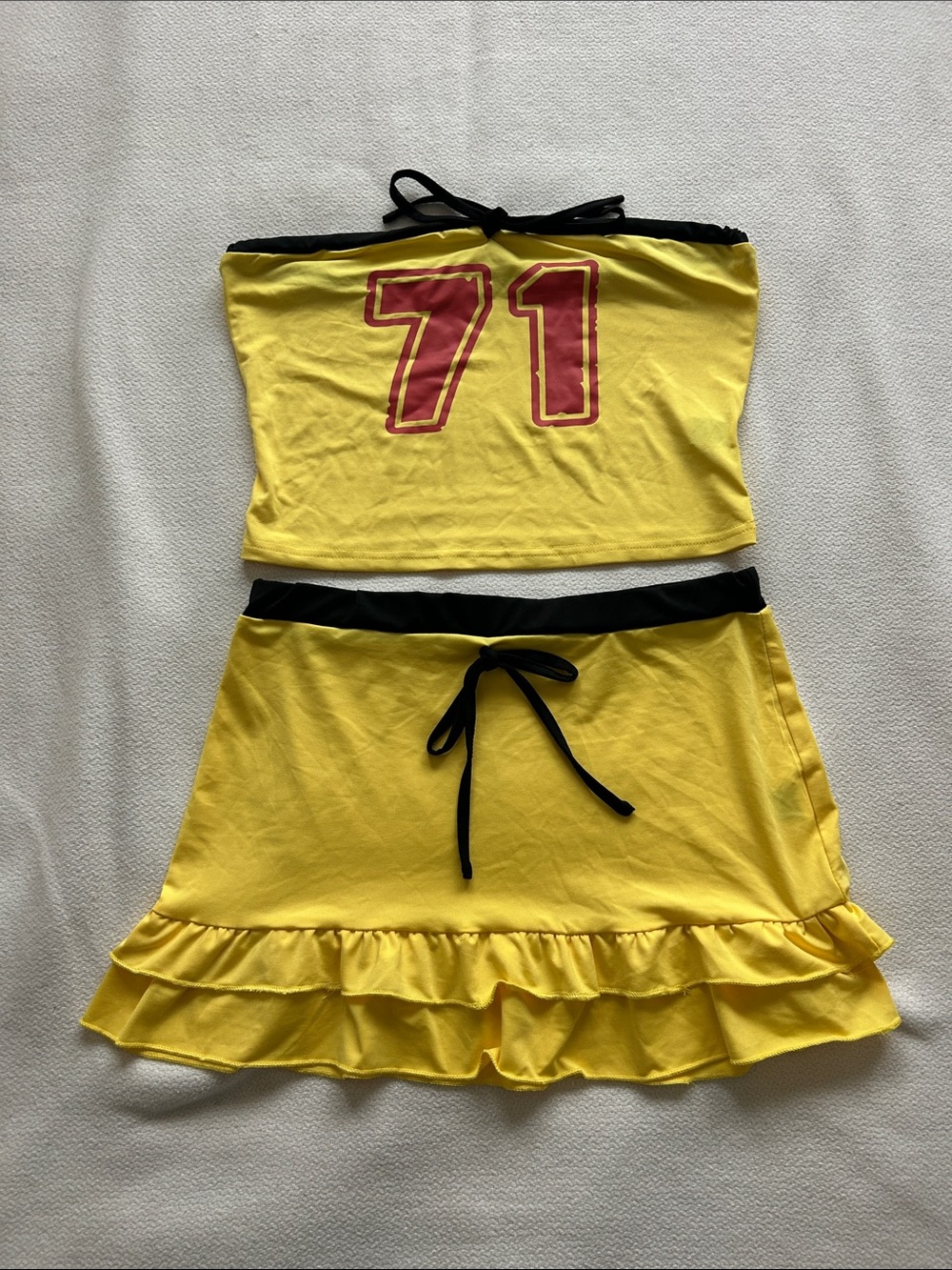 SHEIN Yellow Ruffle Mini Skirt with Black Waist Tie